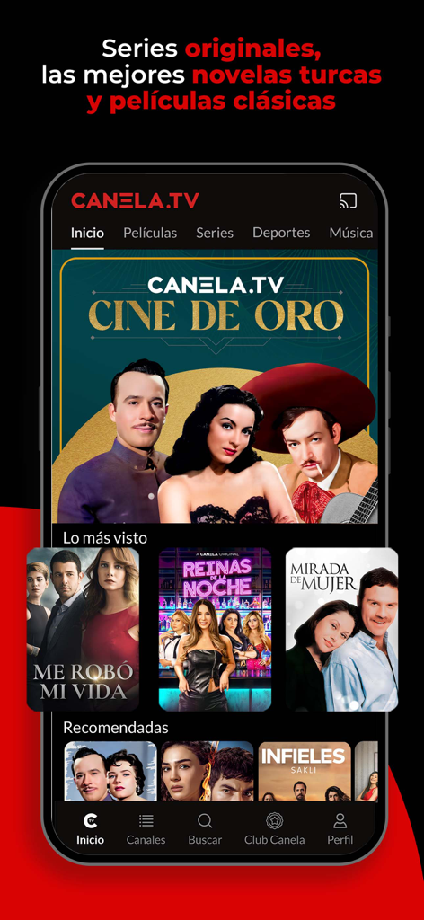 Mobile Oberfläche der Canela TV App mit spanischsprachigen Filmen, Serien und türkischen Telenovelas