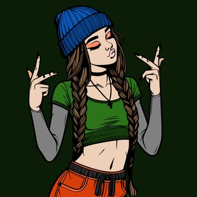 realistic teenage girl with braids and a beanie and crop top doing 🫶🏼