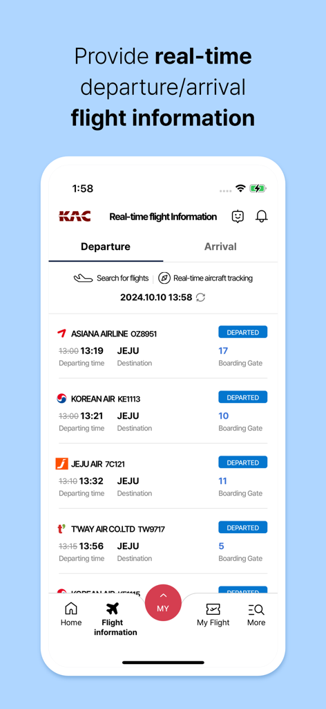 SMART AIRPORTS - Smart Airports app interface showing real-time departure flight information with airline names and destinations