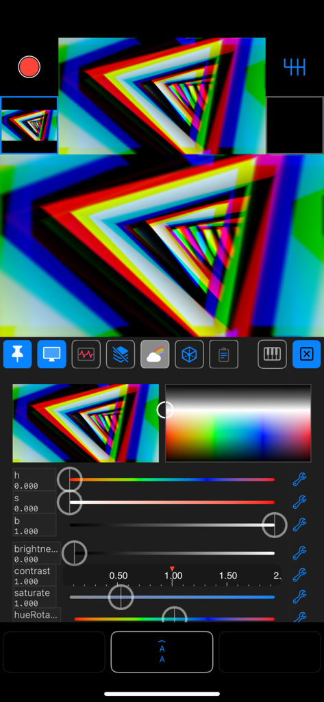 100VJ - 100VJ app interface showing colorful glitch visuals and live adjustment sliders