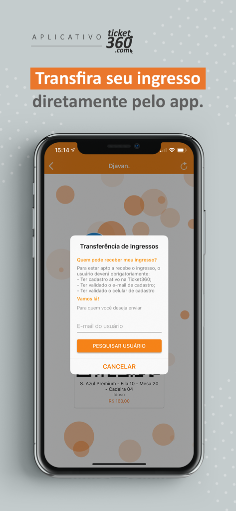Ticket360 - An iPhone showing the Ticket360 app interface for transferring digital tickets to another user.