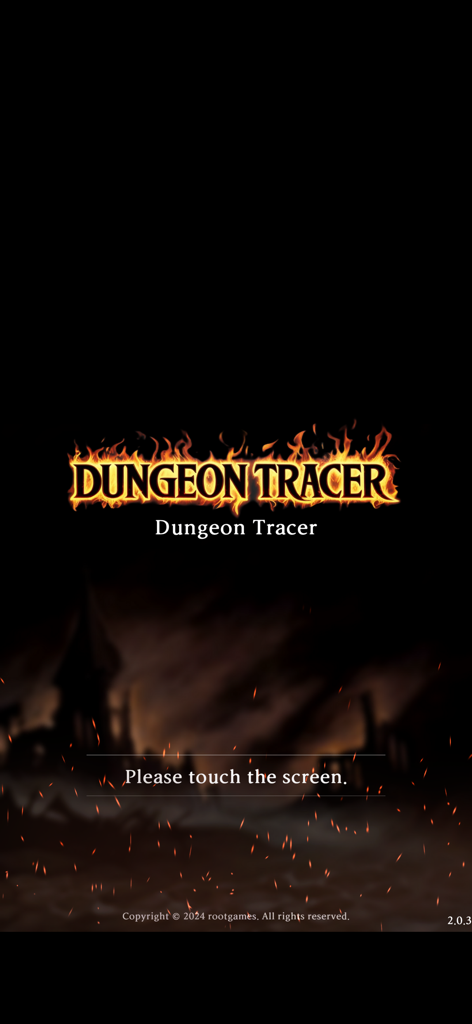 Dungeon Tracer game title screen with fiery logo and dark fantasy background