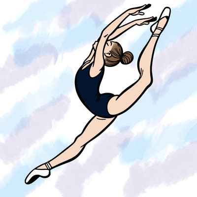 gymnast doing a leap in a leotard with a bent back leg