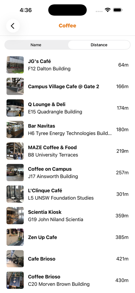 A list of university campus coffee shops sorted by distance in the Lost on Campus app.