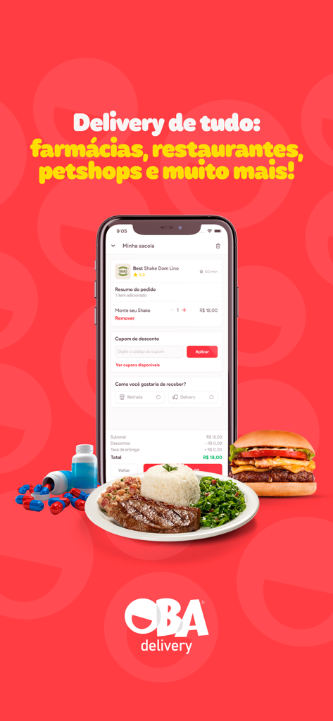 Oba Delivery - Oba Delivery mobile app screen showing food and pharmacy delivery options