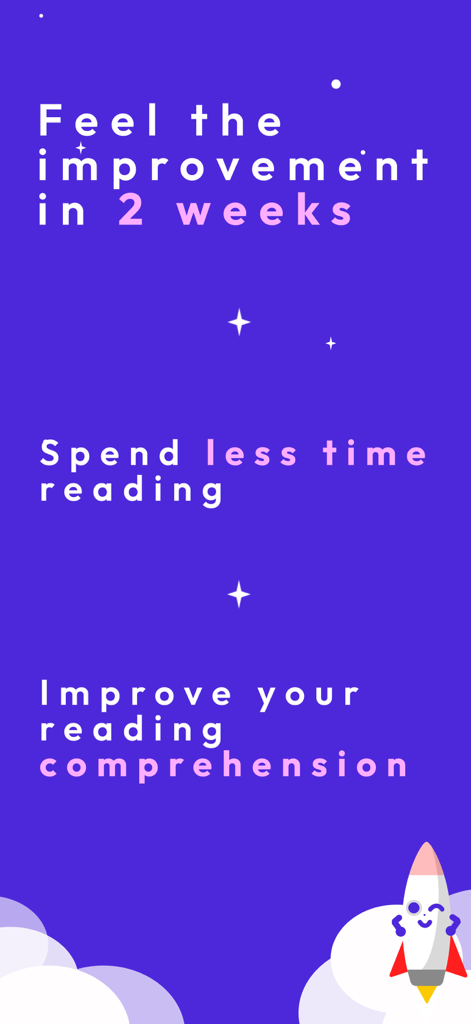 Speed Reading | Acceleread - Acceleread app screen highlighting speed reading benefits like faster reading and better comprehension in two weeks