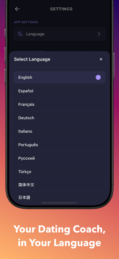 Rizz App - AI Dating Wingman - Una pantalla de smartphone mostrando la configuración de selección de idioma para el asistente de citas con IA de Rizz App