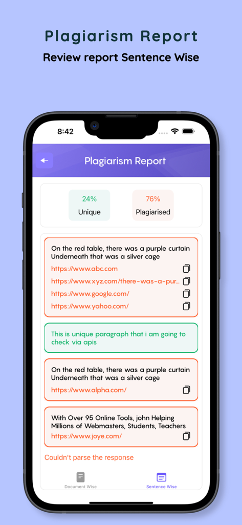 Un informe de plagio detallado en una aplicación móvil que muestra porcentajes de contenido único y plagiado con URLs de origen.