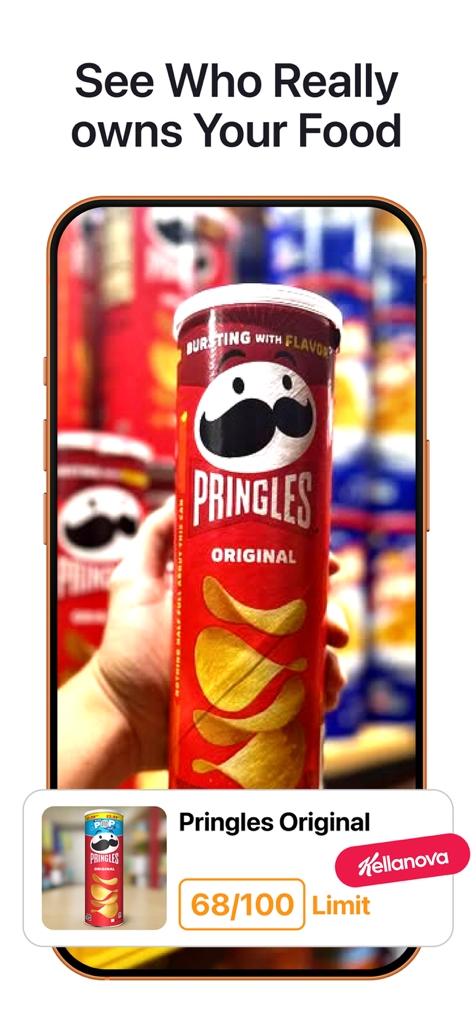 Leafy app scanning a Pringles can to show a health score of 68 out of 100 and identify Kellanova as the parent company.
