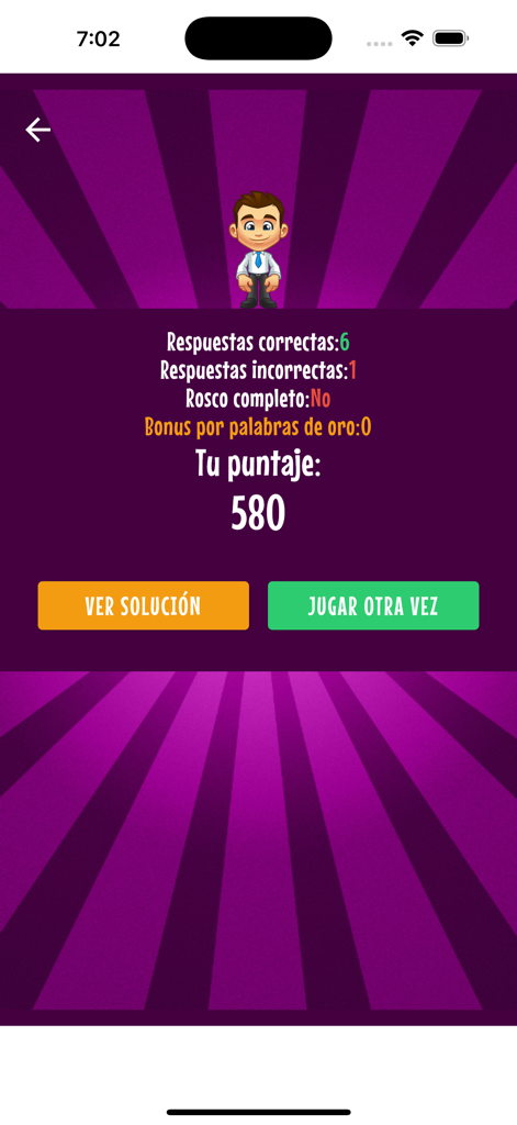 Pantalla de resultados de la aplicación de trivia Pasapalabra mostrando la puntuación y las estadísticas