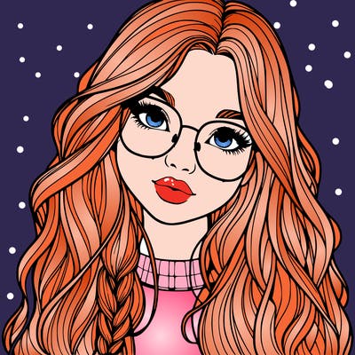 girl with long hair and freckles and glasses realistic