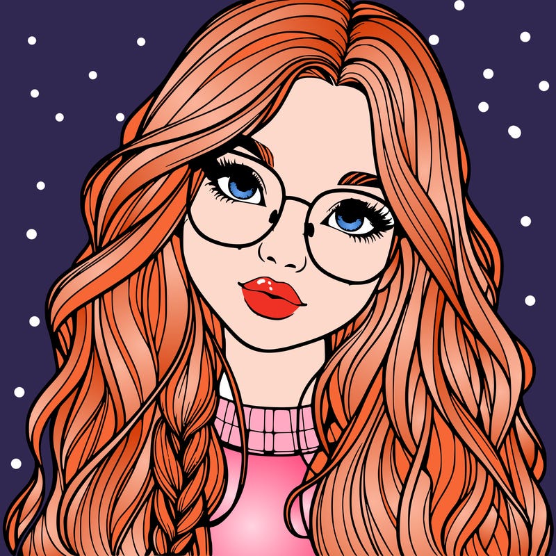 girl with long hair and freckles and glasses realistic