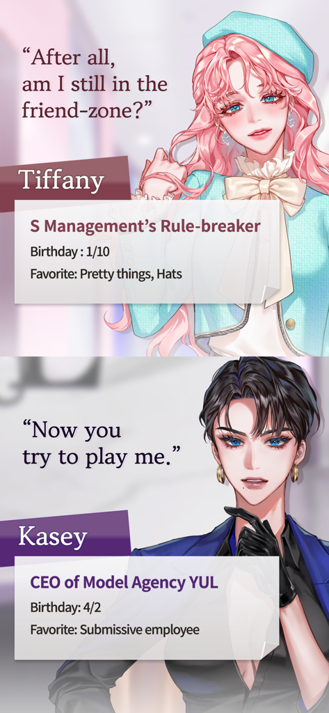 Tarjetas de perfil para los personajes del juego Tiffany y Kasey de Love Liar romance secreto