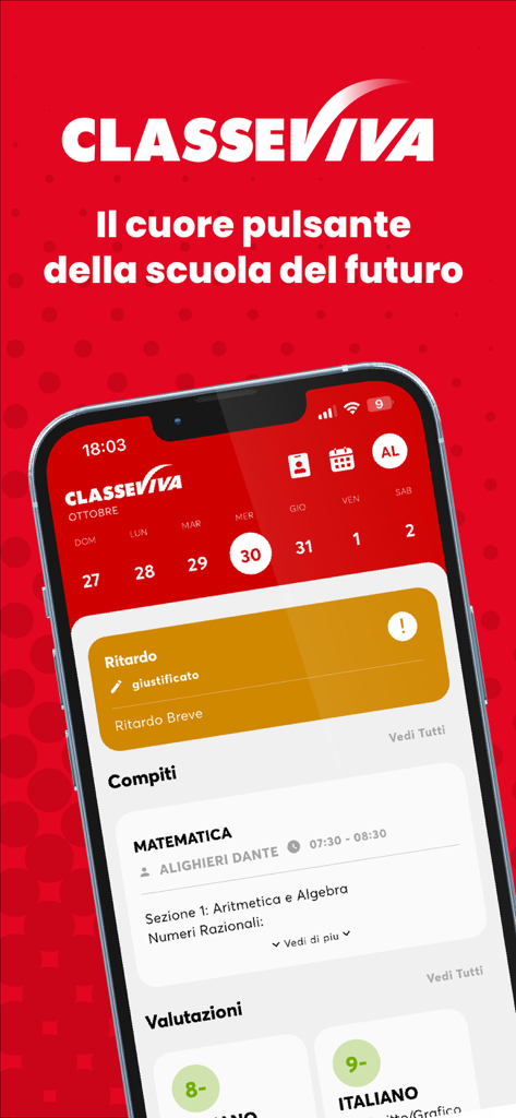 Interfaz de la aplicación ClasseViva Famiglia en un iPhone mostrando el horario escolar, tareas y calificaciones del estudiante