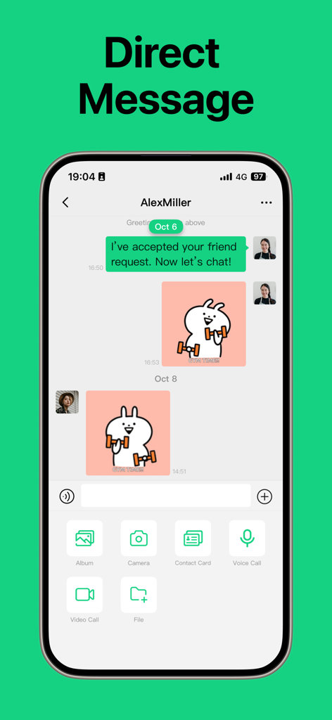 Mosavi - Mosavi app direct message screen showing a private chat with stickers and media options