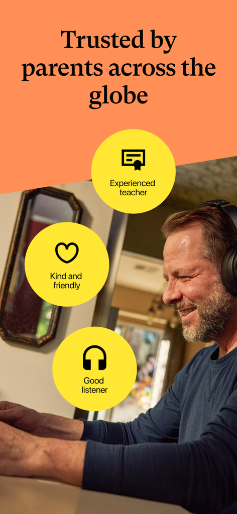 Cambly Kids - English Learning - A smiling native English tutor with icons highlighting experience and kindness on Cambly Kids.