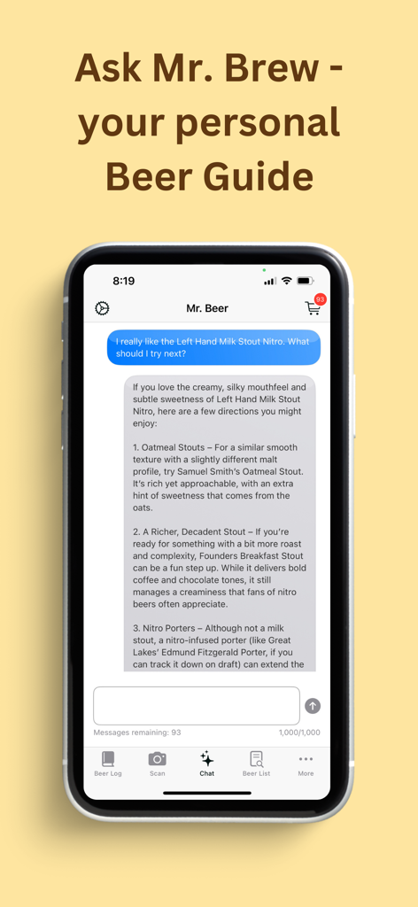 Brewzy app AI beer assistant providing personalized craft beer recommendations in a chat interface