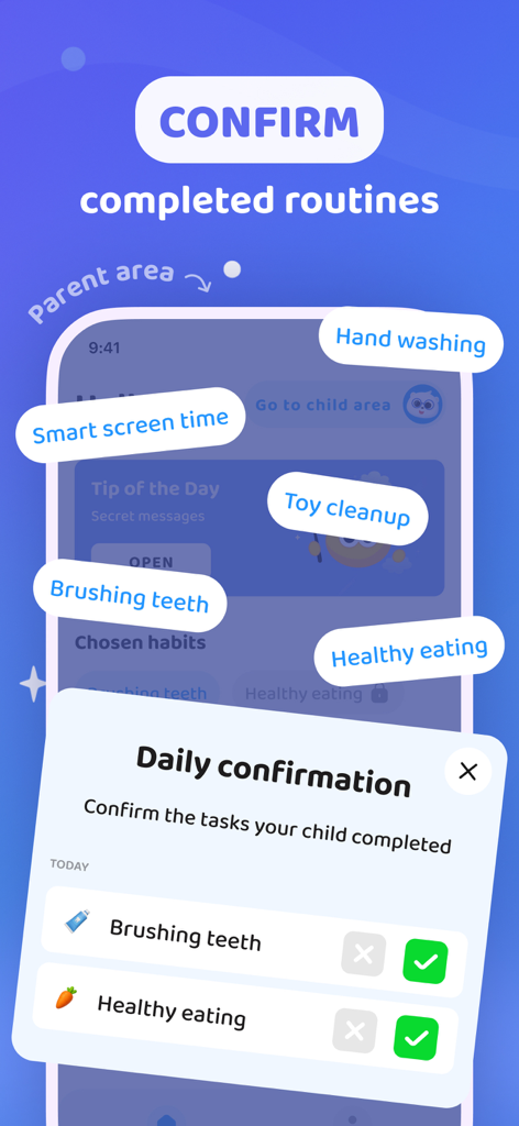 HabbyApp: Kids Habit & Routine - Parent confirmation screen in HabbyApp for tracking kids daily habits like brushing teeth and healthy eating