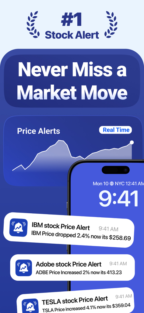 Smartphone showing real-time stock price alerts for IBM, Adobe, and Tesla on the lock screen.