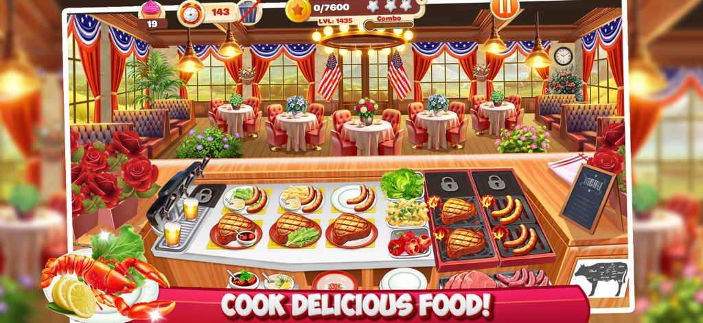 Cooking Mastery: Kitchen Games - Captura de tela da jogabilidade de Dominando a Culinária: Jogos de Cozinha mostrando bifes e salsichas sendo grelhados em um restaurante temático americano