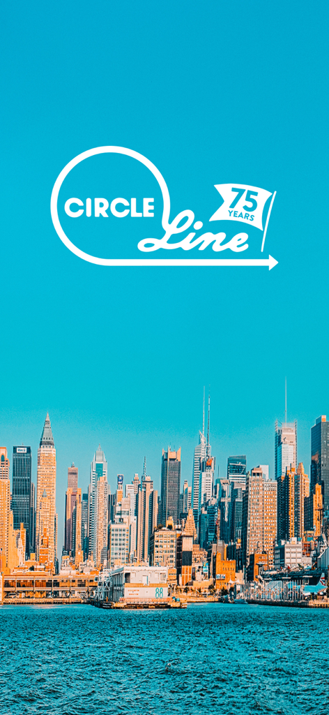 Pantalla de inicio de la aplicación Circle Line Sightseeing con el horizonte de Manhattan y el logo del 75 aniversario