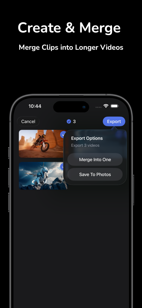 Gen AI Video Generator - Interface de l'application Générateur Vidéo IA montrant les options pour fusionner plusieurs clips vidéo IA en une vidéo plus longue