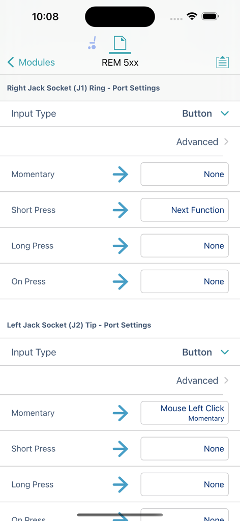 Screen showing port settings for wheelchair modules in the LiNX Access app.