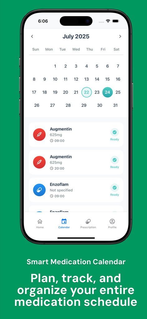 DoseNow: Medicine Tracker - Interfaz de la app DoseNow que muestra un calendario mensual de medicamentos y un horario de pastillas diario con dosis y horarios específicos.
