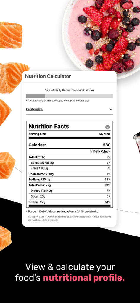 Nutrislice nutrition calculator showing nutritional facts and daily calorie percentage