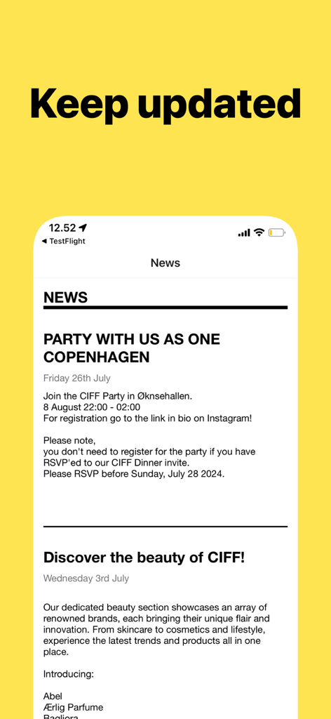 Screenshot of the CIFF app news section showing event updates and announcements for the Copenhagen International Fashion Fair.