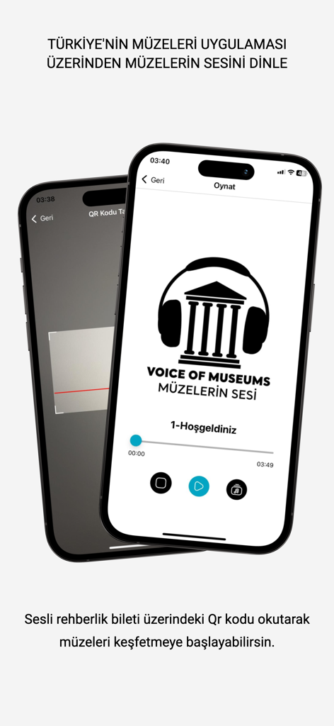 Voice of Museums 오디오 가이드 기능과 QR 코드 스캐너를 보여주는 튀르키예 박물관의 모바일 앱 인터페이스
