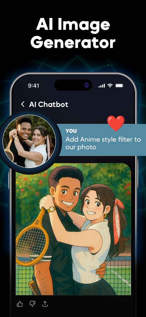 ChatPrime AI app interface demonstrating photo to anime conversion