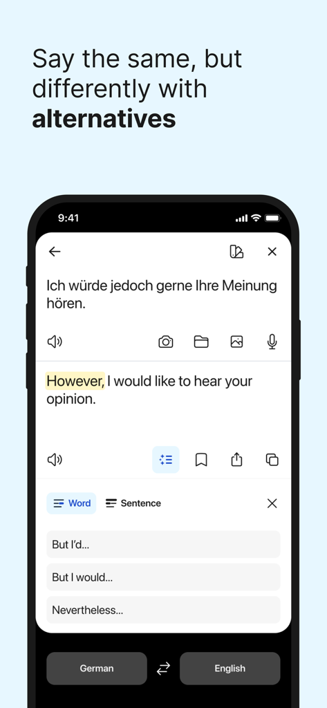 DeepL for Intune - Interfaz de la aplicación DeepL para Intune que muestra alternativas de traducción para una frase alemana traducida al inglés.
