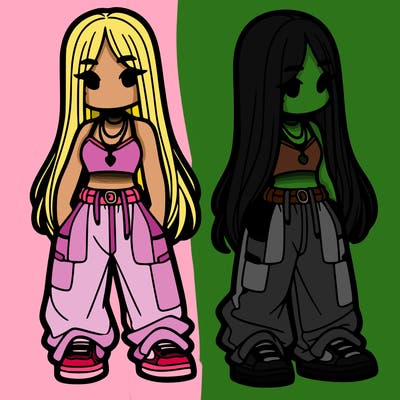 girl in baggy pants crop top and long hair