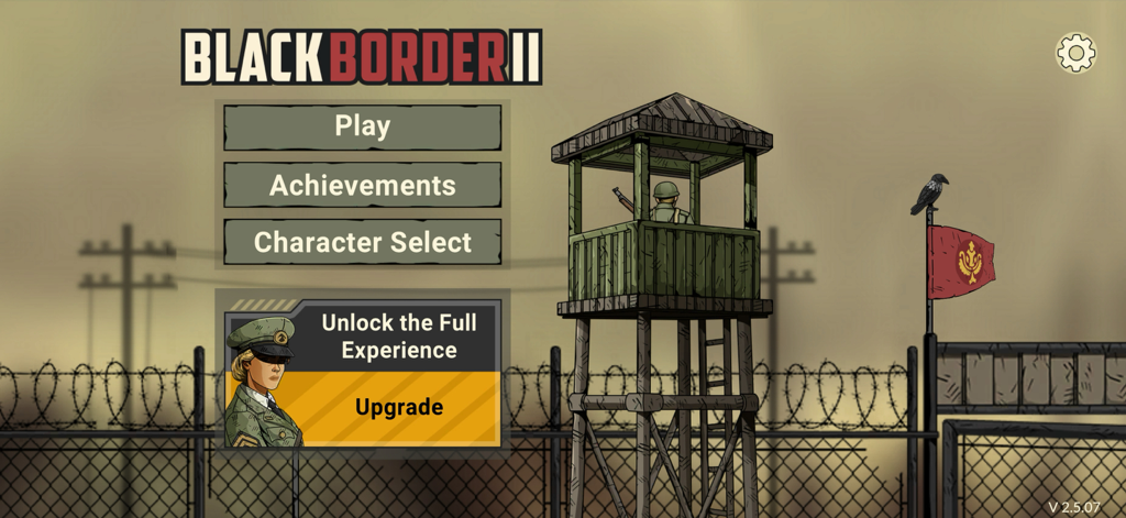 Black Border 2 Lite - Menú principal de Black Border 2 Lite que muestra opciones de juego y logros con un fondo de torre de vigilancia fronteriza
