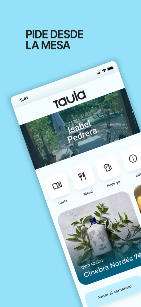 Taula - Schermata mobile dell'app Taula che mostra le opzioni per visualizzare il menu e ordinare direttamente dal tavolo di un ristorante.