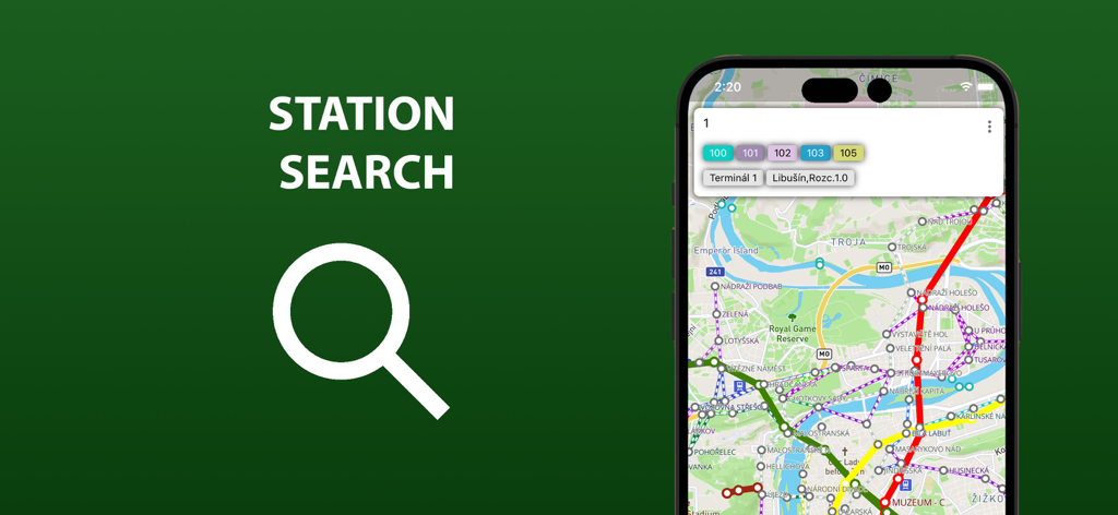 Un smartphone montrant la fonction de recherche de station avec une carte détaillée des transports en commun de Prague en arrière-plan.
