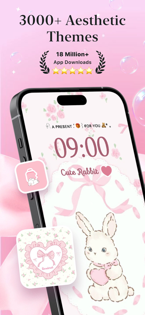 iPhone mostrando una linda ilustración de conejo y un tema estético en rosa de la aplicación ThemePack.