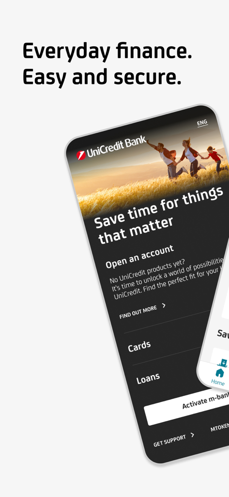 mBanking - UniCredit mBanking Serbia app welcome screen with everyday finance options