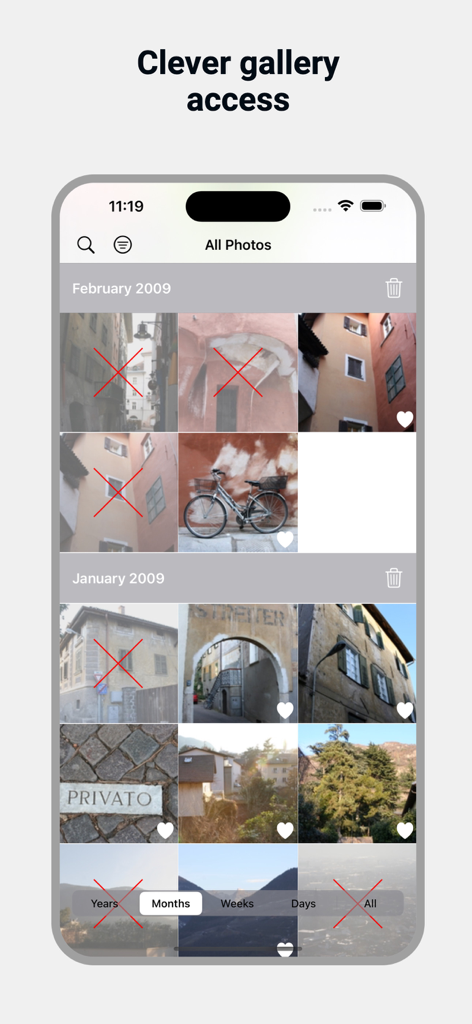 Deleter app interface showing photos marked with a red X for deletion while keeping favorited images.