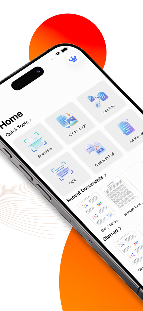 PDF AI: Reader & Scanner - Interface of the PDF AI app on a smartphone showing document management tools and AI features.