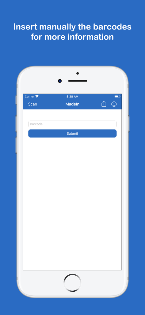 Pantalla de iPhone que muestra la interfaz de entrada manual de códigos de barras para la aplicación de origen de productos Hecho En