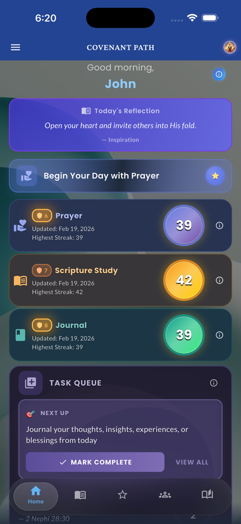 Covenant Path - Covenant Path app dashboard showing daily spiritual habit streaks for prayer, scripture study, and journaling.