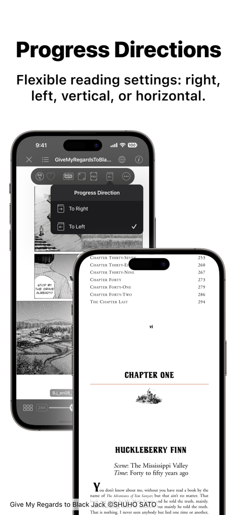 iPhone screens showing the Booklover app reading settings with options to change the progress direction to right or left for books and manga.