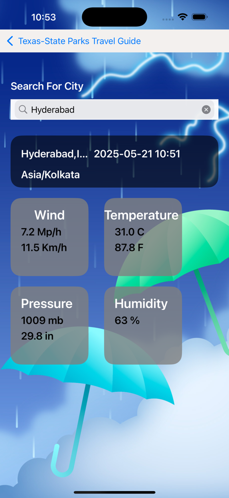 Boracay - Island Guide - Weather report screen of the Boracay Island Guide app displaying temperature wind speed pressure and humidity for a selected city