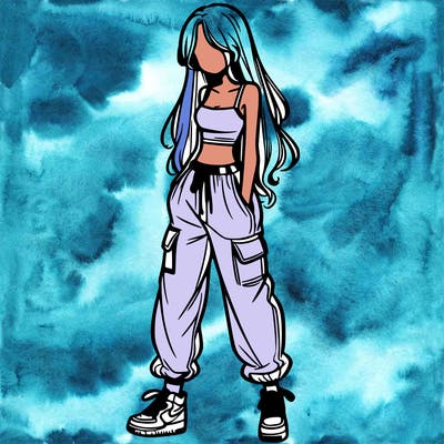 girl in baggy pants crop top and long hair