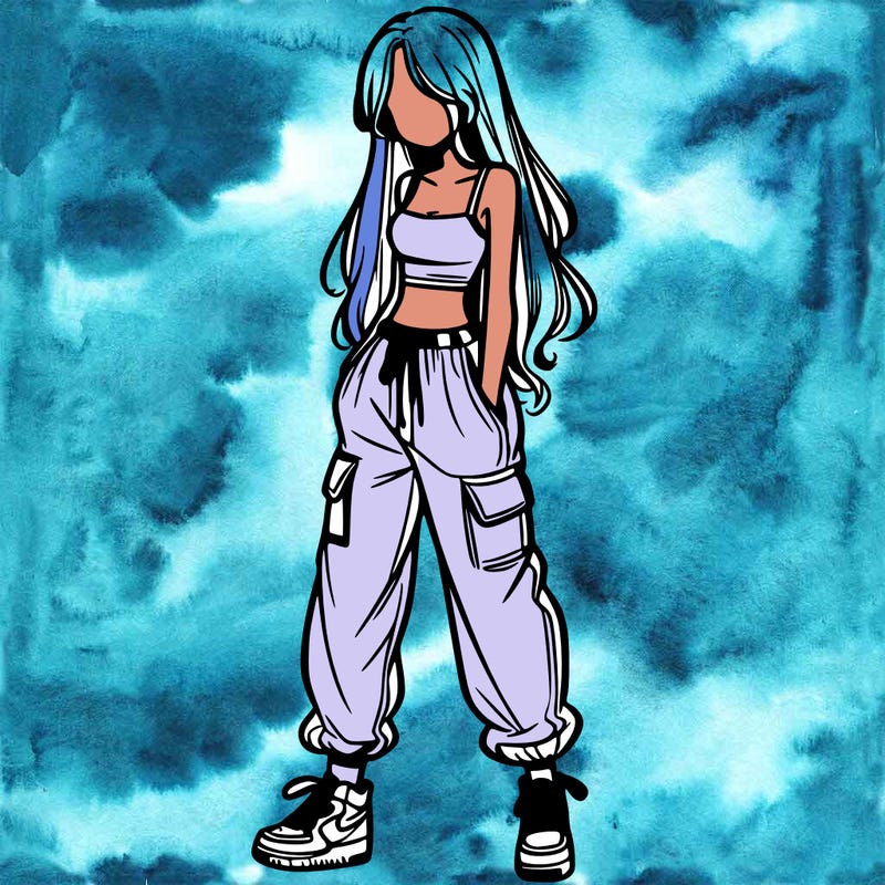 girl in baggy pants crop top and long hair