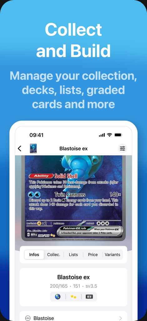 ProDex TCG - Card Tracker - ProDex TCG mobile app displaying a detailed Blastoise ex Pokemon card for collection and deck management.