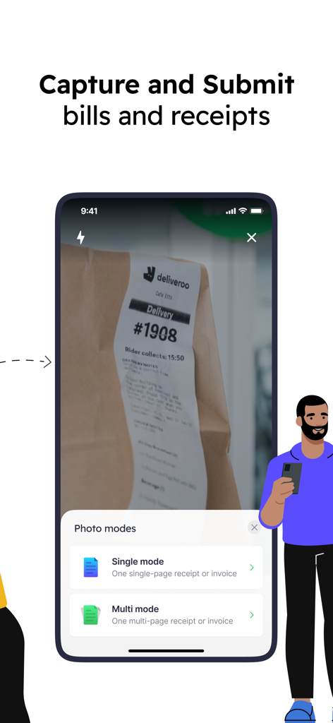 A smartphone screen showing the Envoice app scanning a delivery receipt with options for single and multi photo modes