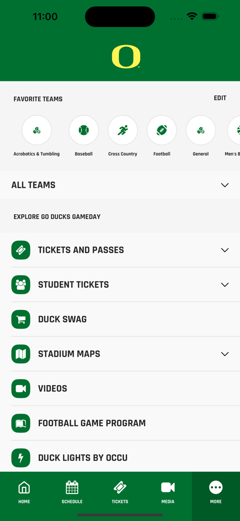 Go Ducks Gameday - The Go Ducks Gameday app home screen featuring Oregon sports teams and gameday utility options like tickets and stadium maps